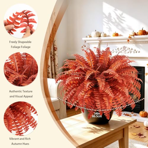 Artificial Ferns Outdoor Fall Decorations - 12pcs Red Fern Stems