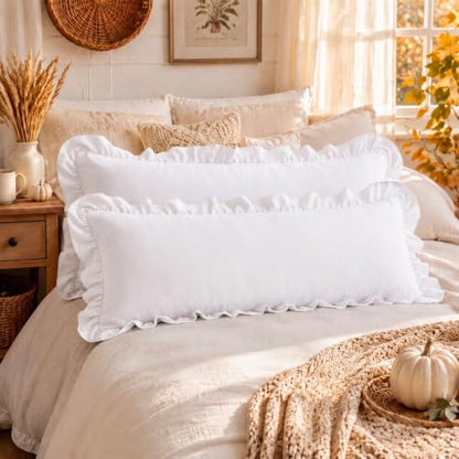 White Body Pillow Cover 20 x 54 Inches Ruffled Cotton Pillowcase - Pack of 2