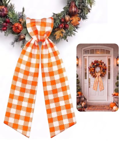 Fall Ribbon Wreath Sash for Front Door Orange Thanksgiving Decor - Variation: Orange Plaid