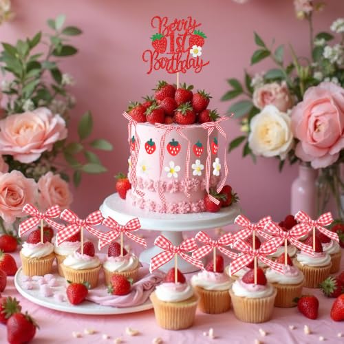 41 pcs Strawberry Cake Decorations Set with Bow & Flower Toppers - Design 19