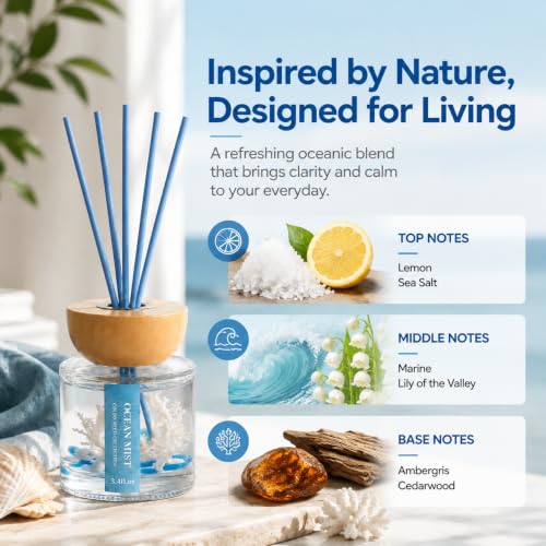 Ocean Mist Diffuser with Sticks - Blue 3.4 Fl Oz Home Fragrance