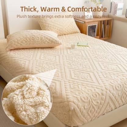 European Damask Embossed Plush Fitted Bed Sheet Full Off White 54x76 Inch
