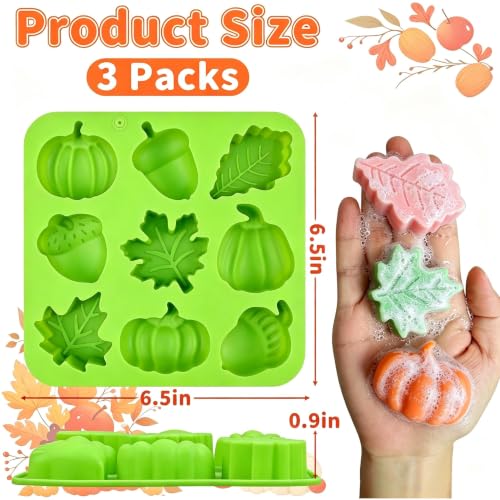 Fall Silicone Molds 3 Pack - Autumn Pumpkin, Leaf & Acorn Design, Orange + Yellow + Green