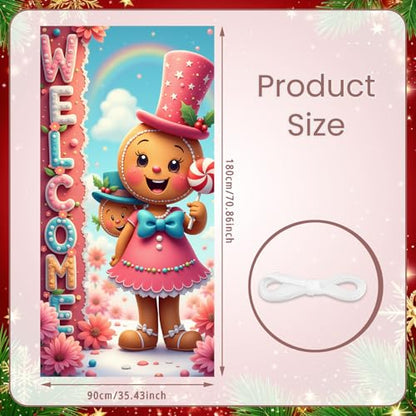 Pink Gingerbread Christmas Door Cover Decorations Welcome Banner Front Door Sign Holiday Outdoor Indoor