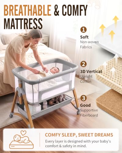 Baby Bassinet Bedside Cradle Rocking Sleep Solution - Light Grey