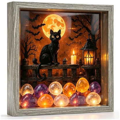 Lighted Shadow Box Frame DIY Craft Kit with LED, Rustic Wood, Sea Stones, Black Cat Halloween Decor