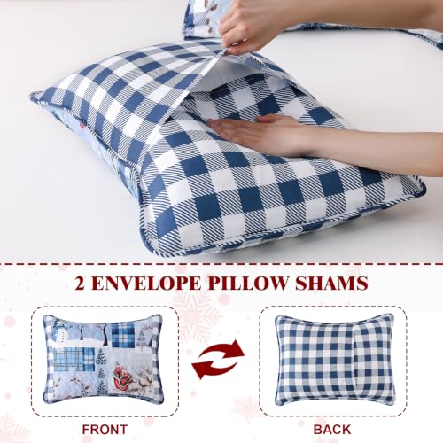 King Size Christmas Quilt Set Blue Buffalo Plaid Bedding with Pillowcases - Seasonal Home Decor