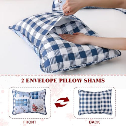 King Size Christmas Quilt Set Blue Buffalo Plaid Bedding with Pillowcases - Seasonal Home Decor