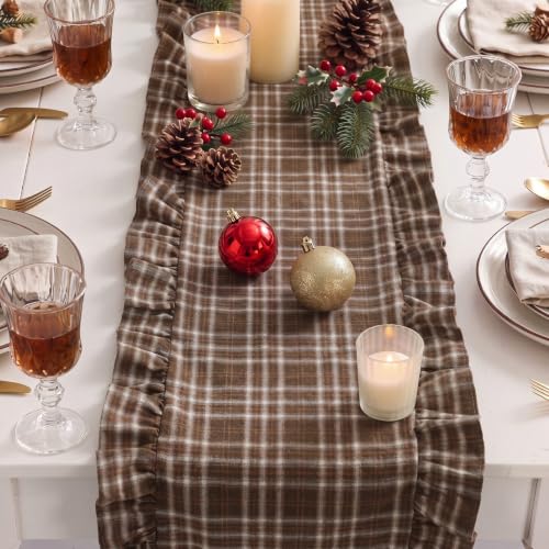 Fall Brown Gingham Table Runner Brown White Plaid Ruffle - 14x72 Inches, Cotton, Elegant Home Decor