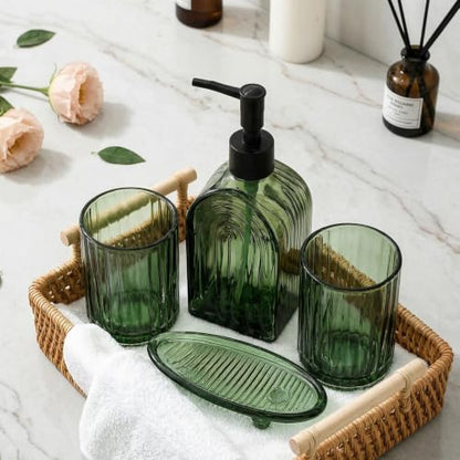 Green Glass Bathroom Accessories Set with Soap Dispenser and Toothbrush Holders - 4 Piece