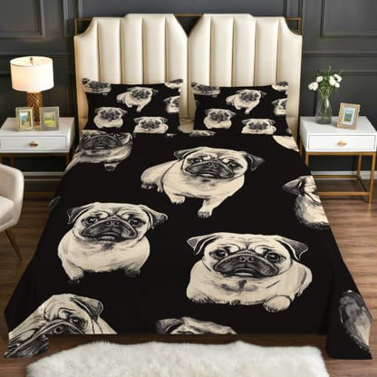 Full Size Pug Dog Pet Bed Sheet Set - Cartoon Microfiber Bedding with Deep Pockets - Black & Beige - 4 Piece