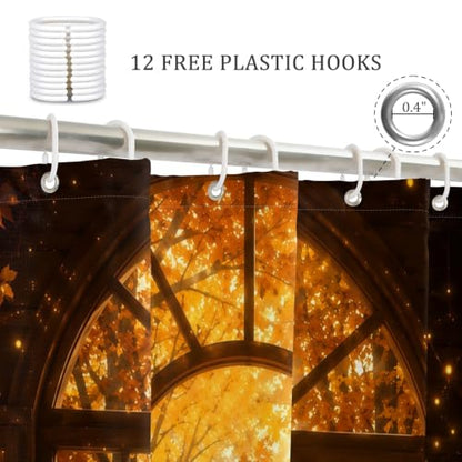 Fall Forest Arched Shower Curtain with Maple Leaf Design - Waterproof Bathroom Decor, 72x72 Inches