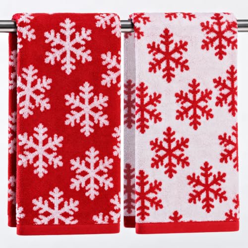 2pcs Christmas Snowflake Hand Towels Red White Seasonal Decor
