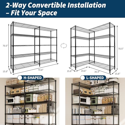 70-Inch Heavy Duty Metal Wire Shelving Unit - 1325LBS Capacity, 5-Tier