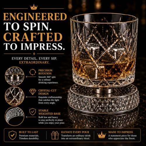 Clear Rotating Whiskey Glasses Set of 2 - 360° Crystal Bourbon Tumblers with Wooden Gift Box
