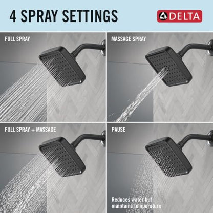 Delta 6-Inch Square Shower Head with 4 Settings Matte Black 2.5 GPM