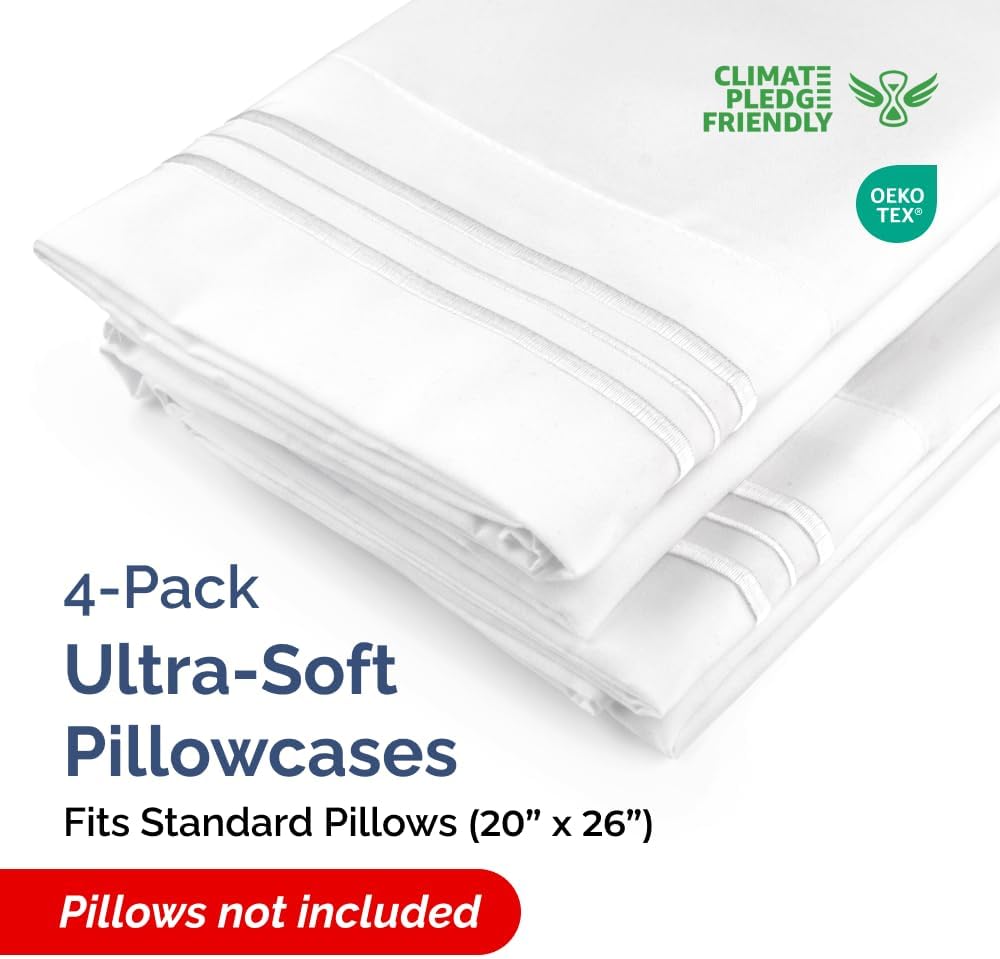 Skiennix Standard Pillow Cases Set of 4 - Ultra Soft Hotel Quality Covers - Machine Washable White