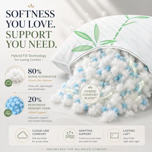 Queen Size Hybrid Cooling Bed Pillows Set of 2 - White, Breathable Bamboo Cover