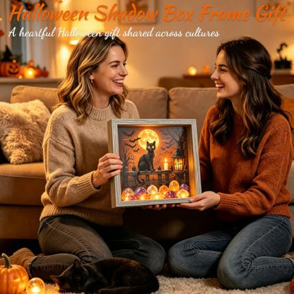 Lighted Shadow Box Frame DIY Craft Kit with LED, Rustic Wood, Sea Stones, Black Cat Halloween Decor