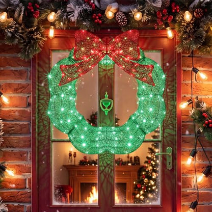 24 Inch Pre-lit Christmas Wreath Outdoor Metal with Red & Green LED Lights - Baquler