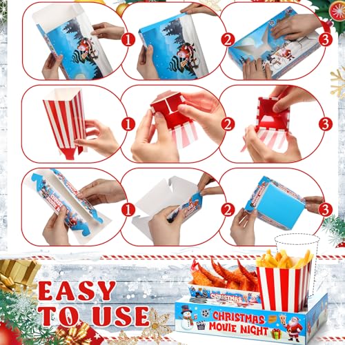 Movie Night Snack Tray Set - Christmas Themed 36 Pieces with Popcorn Boxes & Drink Holders - Holiday Party Supplies