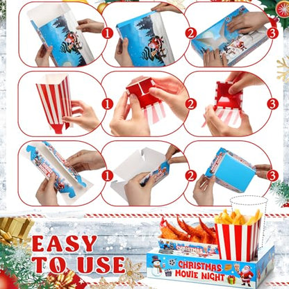 Movie Night Snack Tray Set - Christmas Themed 36 Pieces with Popcorn Boxes & Drink Holders - Holiday Party Supplies