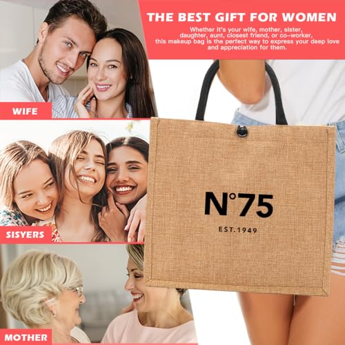 NGLIV 75th Birthday Gifts for Women - 75th Birthday Decorations for Her - 75 Year Old Birthday Gifts for Female Mom Wife Friend Sister Aunt - Beach Bag Reusable Shopping Bags Cute Jute Straw ToteBag