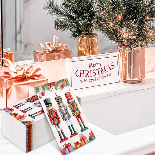 Red Disposable Christmas Guest Napkins - Nutcracker & Pine Branch Design, 50 Pack