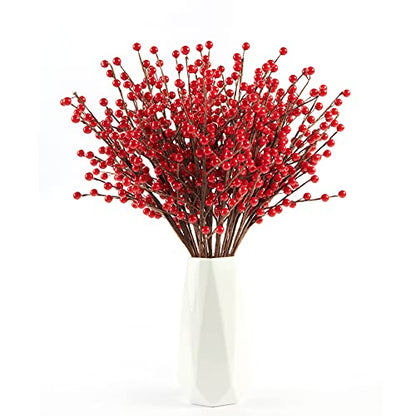 24 Pack Red Berry Stems for Christmas Decorations - 17in Holiday Floral Filler