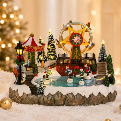 MUMTOP Christmas Village Amusement Park with Ferris Wheel & Carousel - Music & Lights