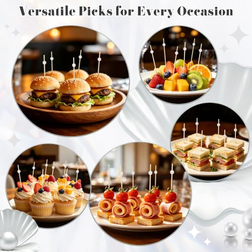 White Pearl Cocktail Picks - 4.7 Inch Bamboo Food Skewers, Elegant Party Toothpicks