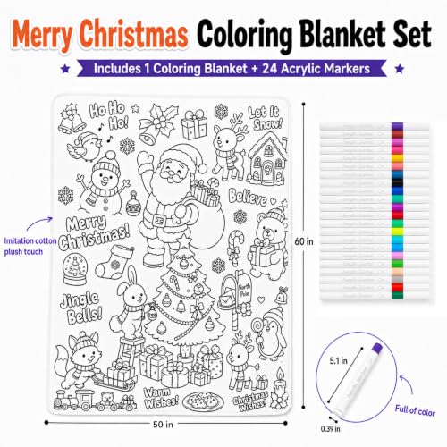Merry Christmas Coloring Blanket for Adults & Kids - 50 x 60 Inch with 24 Markers