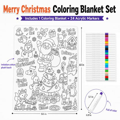 Merry Christmas Coloring Blanket for Adults & Kids - 50 x 60 Inch with 24 Markers