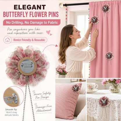 Dark Pink Organza Curtain Flower Clips with Butterfly Decor - 4 Pack