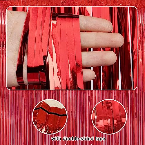 Red Tinsel Curtain Party Backdrop - 3.28 ft x 6.56 ft Metallic Fringe for Events