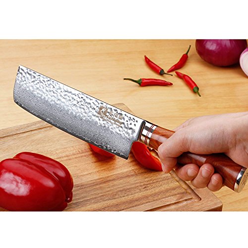 6.5 Inch Nakiri Knife - Hammered Damascus Steel Blade with Bloodwood Handle