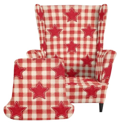 Red Wingback Chair Cover Slipcover 2-Piece Color Block Star Print - Non-Slip & Protects Furniture