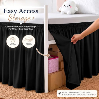 Dorm Bed Skirt Twin XL 36 Inch Drop Black Wrap Around Dust Ruffle