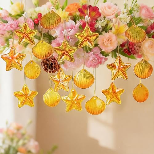 18Pcs Golden Glass Sea Shell Starfish Ornaments for Beach Party Decor