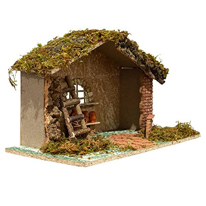 Nativity Creche Stable with Moss Roof and Floor - Handmade in Italy, 11 Inches Tall