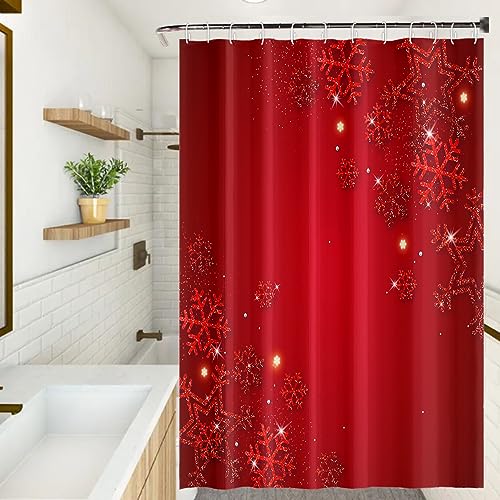Christmas Shower Curtain 72 x 72 Inches Red Snowflakes Waterproof Polyester Set with Hooks