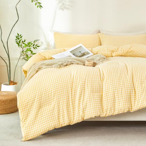 Queen Gingham Comforter Set - Yellow Checkered Bedding for Bedroom Decor