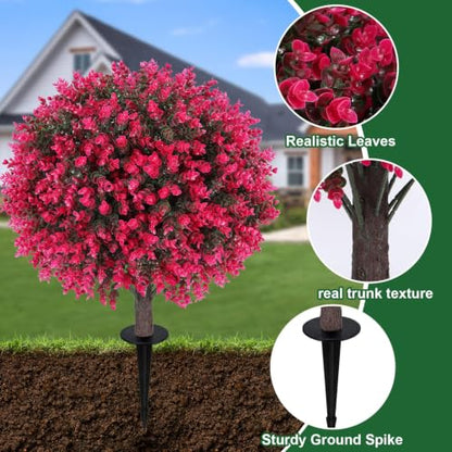 Artificial Eucalyptus Topiary Ball Trees Set of 2 - 24 Inch with Ground Spikes - Faux Garden Decor