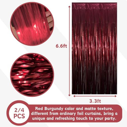 Burgundy Red Foil Fringe Curtain Backdrop - 2 Pack, 3.3x6.6 ft, Matte Finish, Indoor Party Decor
