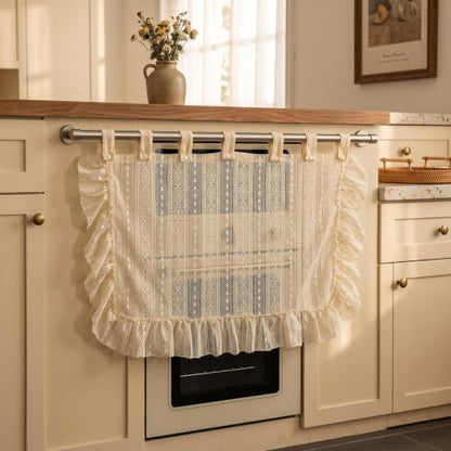 Boho Beige Lace Oven Curtain with Tassels, 28x22 Inch Kitchen Skirt - Ruffled Diamond Design, Tab Top