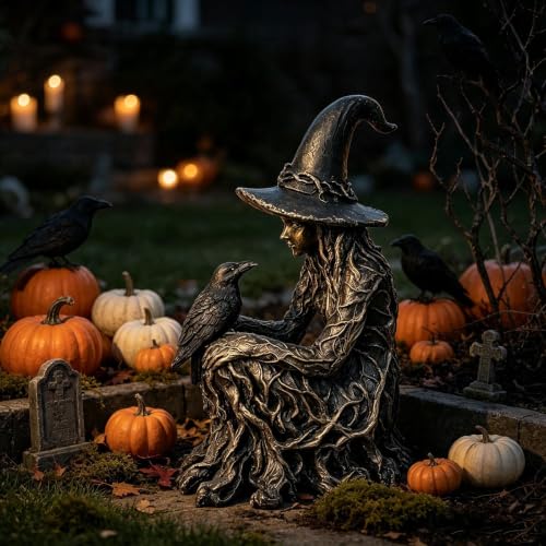 Gothic Witch Figurine Halloween Decor - Mystical Raven Statue with Textured Gown