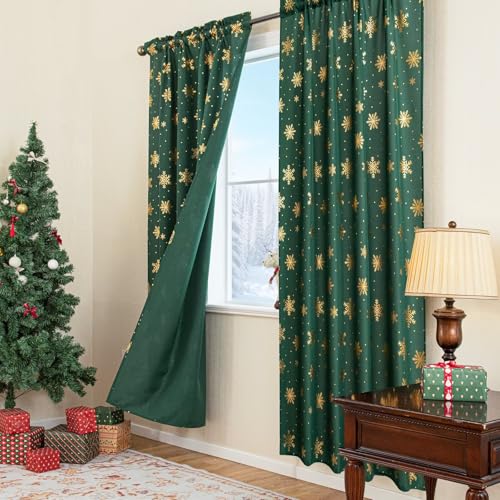 Christmas Curtains for Living Room 2 Pack Foliage Green & Gold Snowflake Foil Print 52W x 84L