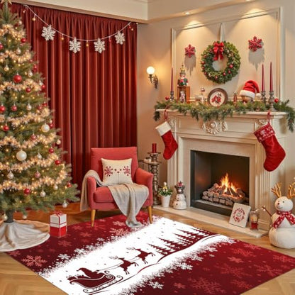 Christmas Area Rug 6x9 ft - Red Santa Sleigh Reindeer Winter Decor - Xmas04