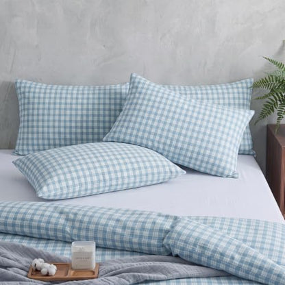 Plaid Blue Cotton Body Pillow Cover 20 x 54 Inches - Breathable & Soft Bedding