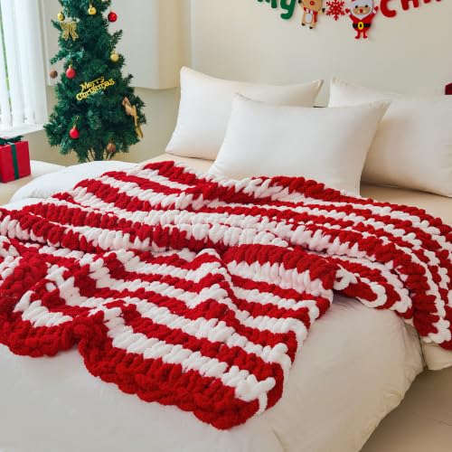 Christmas Red White Chunky Knit Blanket Throw 51x63 Inches for Couch